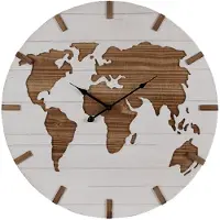 Clayre & Eef Wandklok, diameter 60 cm, wit en bruin, MDF, wereldkaart