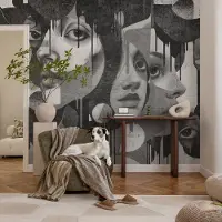 Coloray Vliesbehang - Zwart-Wit Snellijm Behang - 208x146 cm - Vrouwengezichten Muurschildering - Gang behang Deel - Fotobehang Vlies - Slaapkamer behang