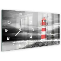 Tulup Wandklok - Vuurtoren Glazen Klok Met Print - 60x30 cm - Rood Wandklok Glas Met Motief - Witte handen - Rechthoekige Klok - Wandklok Glas Decoratie - Gekleurde Glazen Klok