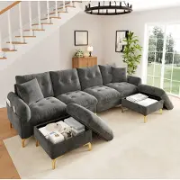 STILVORA U Vormige Modulair Slaapbank 4 Zits Met 2 Opberghockers En 2 Sierkussens 263 X 137 X 85 Cm Chenille Grijs