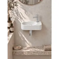 Qeramiq Fuente fonteinset – halfrond – 40x21.5x12 cm – keramiek wit glans – kraangat rechts – chromen kraan SW1209550/SW696209/SW696219/SW696234