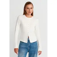 Dilvin Geribbelde Crew Neck Knopen Cardigan
