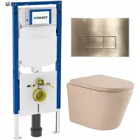 Geberit QeramiQ Dely Toiletset - 36.3x51.7cm - UP720 inbouwreservoir - rimless - diepspoel - 35mm zitting - softclose - bedieningsplaat geborsteld messing - rechthoekige knoppen - mat beige