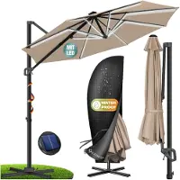 Kesser SUN Zweefparasol XL Ø330 cm met LED Solar Verlichting - Parasol Inclusief Beschermhoes 360° Draaibaar UV50+ Tuinparasol Zonne-energie - Taupe