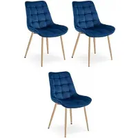 Leobert Set van 3 eetkamerstoelen BERA - Donkerblauw fluweel - Eikenlook metalen poten - Modern design