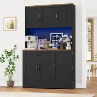 Laura Keukenkast 180x100x38 cm met LED verlichting, stopcontact & kruidenrek – Buffetkast met werkblad, lades en opbergruimte – Moderne keuken kast / koffiebar / dressoir – Zwart –
