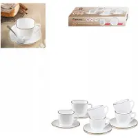 KINGHOFF Set van 6 Opaalglazen Kopjes met Schotels - 220ml - Wit met Gouden Rand