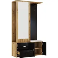 Merax Halmeubel met Spiegel en Schoenenkast - 100 x 38 x 180 cm - Houtkleur en Zwart - Zitbank - Kapstok - 2 Lades