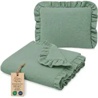 Totsy Baby Katoenen Babydeken Set Set: Babydeken 100x135 cm + Kussen 40x60 cm Katoen Muslin voor Kinderwagen Wieg Ledikant Ademend met Ruches Lichtgewicht Zomerdeken Pasgeboren Salie