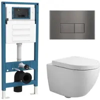 Qeramiq Dely Swirl Compact Toiletset - inbouwreservoir flush - 25mm zitting - metalen bedieningsplaat messing geborsteld (goud) - rechthoekige knoppen - glans wit