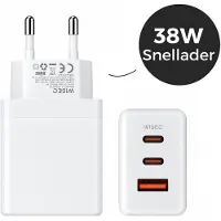 WISEQ USB C snellader 38W – GaN adapter USB C – multi USB oplader met 3 poorten – geschikt voor iPhone 17 en Samsung Galaxy – wit -