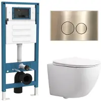 Qeramiq Dely Swirl Compact Toiletset - inbouwreservoir flush - slim zitting - metalen bedieningsplaat messing geborsteld (goud) - ronde knoppen - glans wit