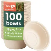 Haago – 100 Suikerriet Bagasse Kommen, 500ml – Soepkommen – Sterk, Biologisch Afbreekbaar & Thuis Composteerbaar – Voor Warm & Koud Eten