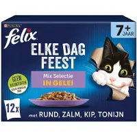 Felix Elke Dag Feest Senior Mix Selectie kattenvoer, natvoer met Tonijn, met Zalm, met Kip en met Rund in Gelei 12x85g- doos van 4 (48 portiezakjes, 4,08kg)