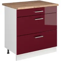 Vicco Keukenonderkast R-Line Rode hoogglans/Wit 80 cm met 3 laden goudkleurig eiken werkblad, Model 72353