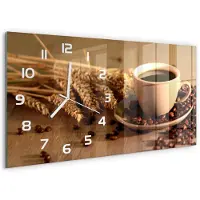 Tulup Wandklok - Aromatische koffie Wandklok Glas Decoratie - 60x30 cm - Bruin Gekleurde Glazen Klok - Witte handen - Rechthoekige Klok - Klok Glas Met Opdruk - Moderne Wandklok Glas