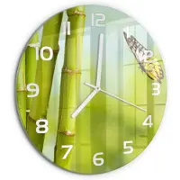 Tulup Wandklok - Bamboe en vlinder Gekleurde Glazen Klok - fi30 cm - Groente Glazen Klok Met Print - Witte handen - Ronde Klok - Moderne Wandklok Glas - Wandklok Glas Decoratie