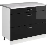 Vicco Keukenonderkast R-Line Zwart hoogglans/Wit 100 cm marmer werkblad, Model 71534