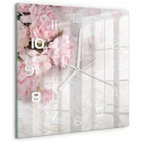 Tulup Wandklok - Pioenrozen Glazen Klok Met Print - 30x30 cm - Roze Wandklok Glas Met Motief - Witte handen - Vierkante Klok - Wandklok Glas Decoratie - Gekleurde Glazen Klok