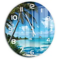 Tulup Wandklok - Tropisch strand Wandklok Glas Met Motief - fi60 cm - Blauw Decoratieve Glazen Klok - Witte handen - Ronde Klok - Gekleurde Glazen Klok - Glazen Klok Met Print