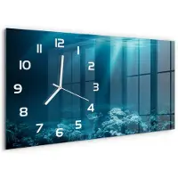 Tulup Wandklok - Onderwaterwereld Wandklok Glas Met Motief - 60x30 cm - Blauw Decoratieve Glazen Klok - Witte handen - Rechthoekige Klok - Gekleurde Glazen Klok - Glazen Klok Met Print