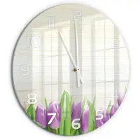 Tulup Wandklok - Paarse tulpen Decoratieve Glazen Klok - fi60 cm - Paars Glazen Wandklok Design - Witte handen - Ronde Klok - Glazen Klok Met Print - Wandklok Glas Met Motief