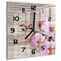 Tulup Wandklok - Orchidee op hout Klok Glas Met Opdruk - 30x30 cm - Beige Moderne Wandklok Glas - Zwarte handen - Vierkante Klok - Decoratieve Glazen Klok - Glazen Wandklok Design