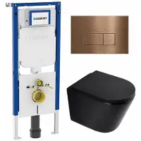 Geberit QeramiQ Dely Toiletset - 36.3x51.7cm - UP720 inbouwreservoir - rimless - diepspoel - 35mm zitting - softclose - bedieningsplaat koper - rechthoekige knoppen - mat zwart