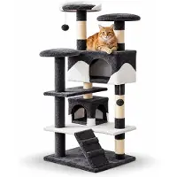 Belviona Krabpaal voor katten,130 cm met huisjes, trap & speelballen, grijs/wit
