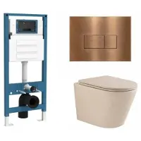 Qeramiq Dely Toiletset - inbouwreservoir Flush - slim zitting - metaal koperen bedieningsplaat - rechthoekige knoppen - beige SW1000764/SW1448813/SW1000770/SW706197