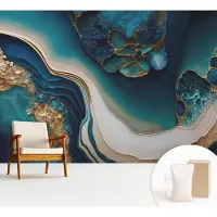 Wallfluent Fotobehang - Turkoois Vliesbehang - 312x219 cm - Kleurrijke Abstractie Fotobehang Vlies - Woonkamer behang Abstractie - Muurschildering - Woonkamer behang