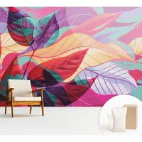 Wallfluent Fotobehang - Zwart Vliesbehang - 312x219 cm - Abstracte Bladeren Fotobehang Vlies - Woonkamer behang Bloemversiering - Muurschildering - Hal behang