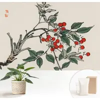 Wallfluent Fotobehang - Zwart Vliesbehang - 152x104 cm - Een Takje Bessen Muurschildering - Gang behang Bloemen En Planten - Fotobehang Vlies - Gang behang