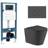 Qeramiq Dely Toiletset - inbouwreservoir Flush - slim zitting - natuursteen donker marmeren bedieningsplaat - ronde knoppen - mat zwart SW1026253/SW1448813/SW1000768/SW1244455