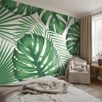 Coloray Vliesbehang - Groente Snellijm Behang - 152x104 cm - Tropische Bladeren Muurschildering - Slaapkamer behang Bloemen En Planten - Fotobehang Vlies - Slaapkamer behang