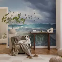 Coloray Vliesbehang - Blauw Snellijm Behang - 152x104 cm - Zeegolven Muurschildering - Slaapkamer behang Landschappen - Fotobehang Vlies - Slaapkamer behang
