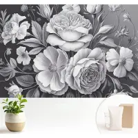 Wallfluent Fotobehang - Zwart Vliesbehang - 104x70 cm - Grijze Bloemen Fotobehang Vlies - Hal behang Bloemen En Planten - Muurschildering - Hal behang