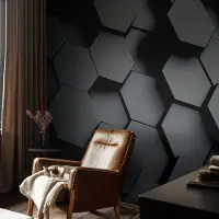 Coloray Vliesbehang - Zwart Snellijm Behang - 104x70 cm - 3D-Zeshoeken Muurschildering - Slaapkamer behang Geometrie - Fotobehang Vlies - Slaapkamer behang