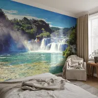 Coloray Vliesbehang - Blauw Snellijm Behang - 152x104 cm - Watervallandschap Muurschildering - Gang behang Landschappen - Fotobehang Vlies - Gang behang