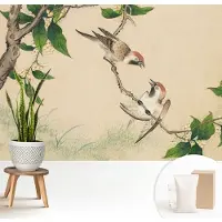 Wallfluent Fotobehang - Beige Vliesbehang - 208x146 cm - Klassiek Duo Fotobehang Vlies - Woonkamer behang Dieren - Muurschildering - Woonkamer behang
