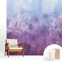 Wallfluent Fotobehang - Blauw Vliesbehang - 250x250 cm - Pastelkleurige Bloemen Muurschildering - Gang behang Bloemen En Planten - Fotobehang Vlies - Slaapkamer behang