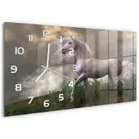 Tulup Wandklok - Grijze Eenhoorn Klok Glas Met Opdruk - 60x30 cm - Grijs Moderne Wandklok Glas - Witte handen - Rechthoekige Klok - Decoratieve Glazen Klok - Glazen Wandklok Design