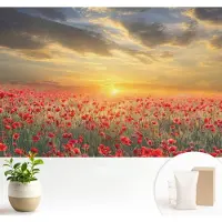 Wallfluent Fotobehang - Rood Vliesbehang - 104x70 cm - Papaverveld Muurschildering - Slaapkamer behang Bloemen En Planten - Fotobehang Vlies - Slaapkamer behang