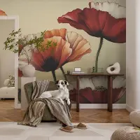 Coloray Vliesbehang - Oranje Snellijm Behang - 250x104 cm - Vrolijke Klaprozen Muurschildering - Slaapkamer behang Bloemen En Planten - Fotobehang Vlies - Slaapkamer behang