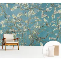 Wallfluent Fotobehang - Blauw Vliesbehang - 312x219 cm - Bloeiende Takken Fotobehang Vlies - Woonkamer behang Bloemen En Planten - Muurschildering - Woonkamer behang