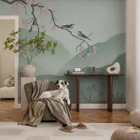 Coloray Vliesbehang - Grijs Snellijm Behang - 104x70 cm - Japanse Serenade Fotobehang Vlies - Woonkamer behang Bloemen En Planten - Muurschildering - Woonkamer behang