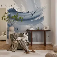 Coloray Vliesbehang - Blauw Snellijm Behang - 312x219 cm - Artistieke Penseelstreken Muurschildering - Slaapkamer behang Abstractie - Fotobehang Vlies - Slaapkamer behang