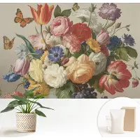 Wallfluent Fotobehang - Rood Vliesbehang - 152x104 cm - Bloemen En Vlinders Muurschildering - Slaapkamer behang Bloemen En Planten - Fotobehang Vlies - Slaapkamer behang