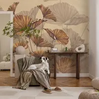 Coloray Vliesbehang - Beige Snellijm Behang - 250x104 cm - Herfstachtige Elegantie Muurschildering - Gang behang Bloemen En Planten - Fotobehang Vlies - Slaapkamer behang