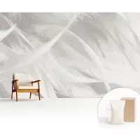 Wallfluent Fotobehang - Wit Vliesbehang - 416x254 cm - Subtiele Veren Muurschildering - Slaapkamer behang Texturen - Fotobehang Vlies - Slaapkamer behang